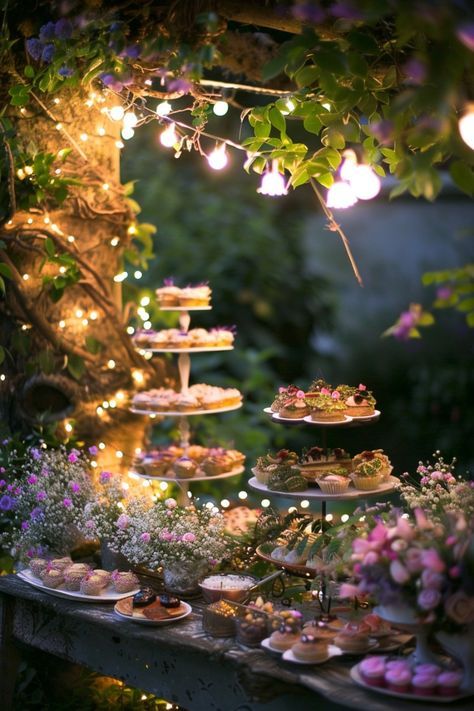 a table filled with cakes and cupcakes under a tree covered in fairy lights