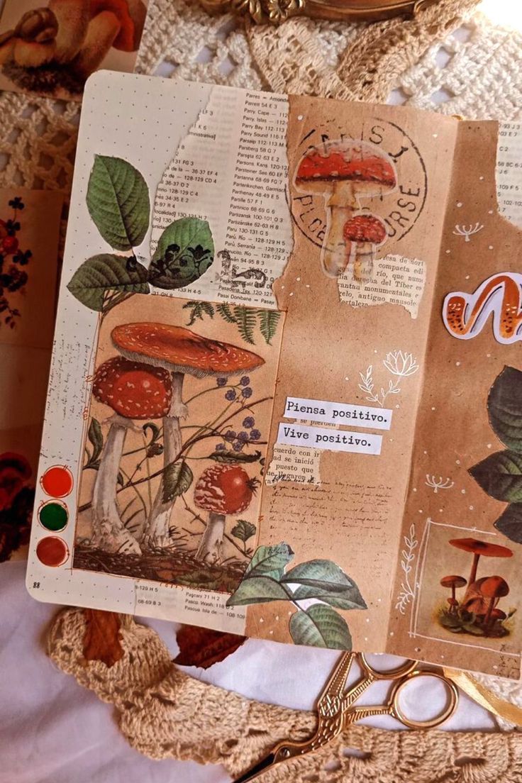 scrapbooking ideas Mushroom Sketchbook Cover, Mushroom Scrapbook Ideas, Cottagecore Scrapbook Ideas, Nature Scrapbook Ideas, Floral Scrapbook Ideas, Junk Journal Spread, Cottagecore Bullet Journal, Vintage Journal Aesthetic, Aesthetic Scrapbook Journal