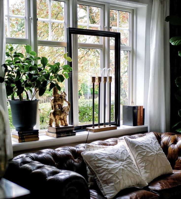 a living room filled with lots of furniture and a large window next to a potted plant