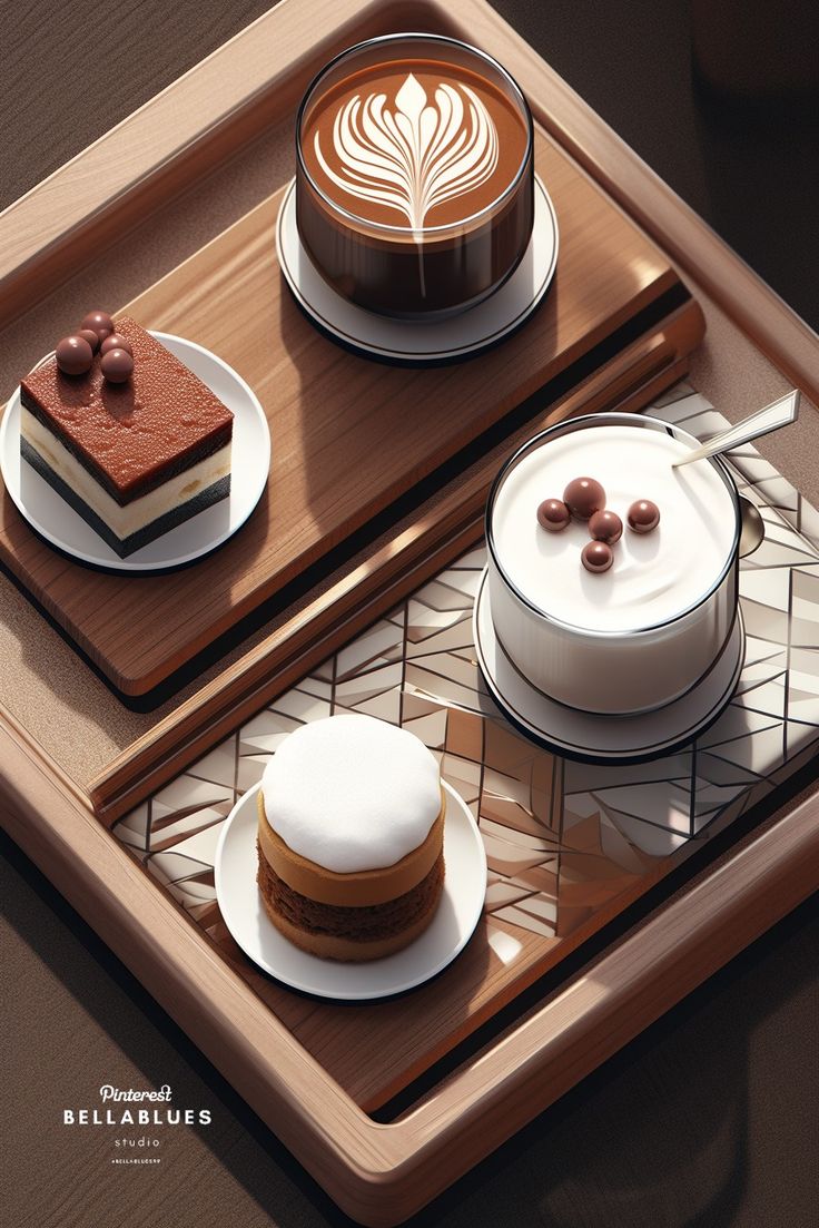 two desserts sitting on top of a wooden tray