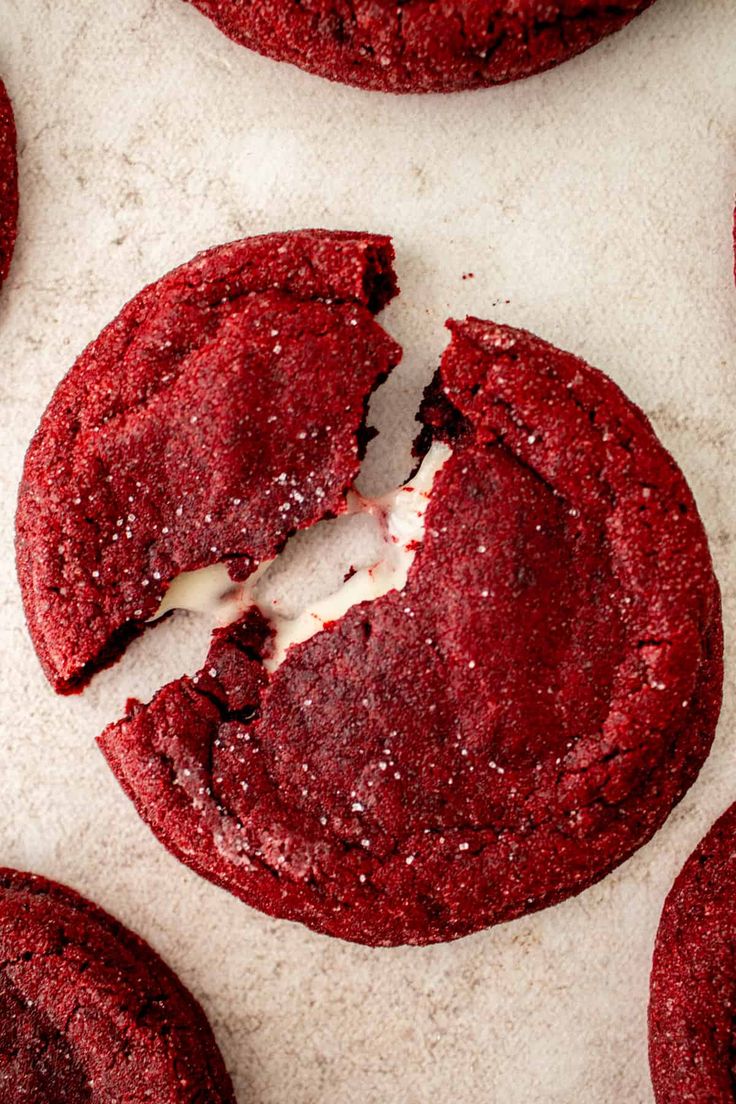 red velvet cookies that have been cut in half