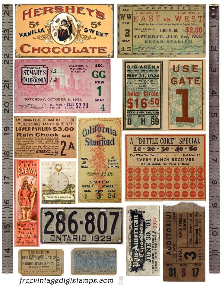 some old tickets and numbers are arranged in the shape of a collage on a white background