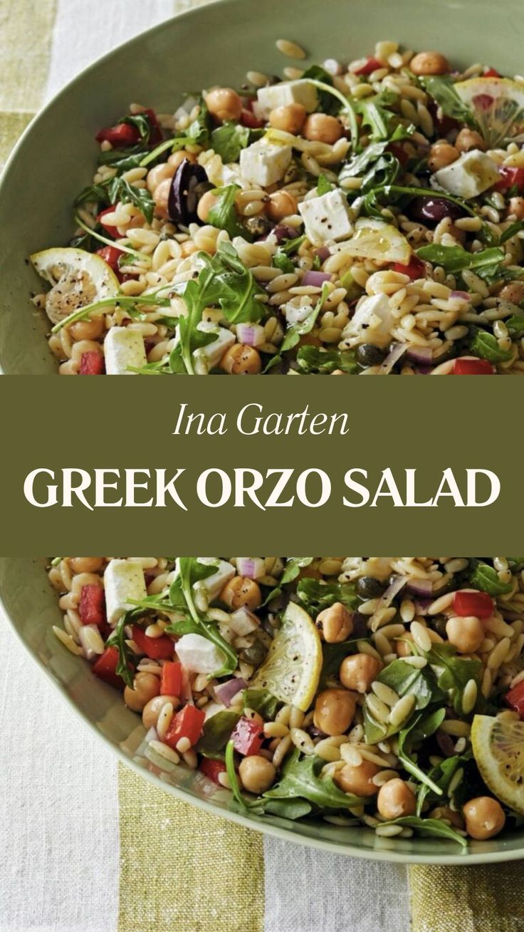 Ina Garten Greek Orzo Salad Orzo Olive Salad, Orzo And Arugula, Orzo Salad With Chickpeas, Best Greek Side Dishes, Greek Dinner Recipes Vegetarian, Orzo Salad Ina Garten, Ina Garten Greek Orzo Salad, Feta Olive Salad, Arugula Orzo Salad