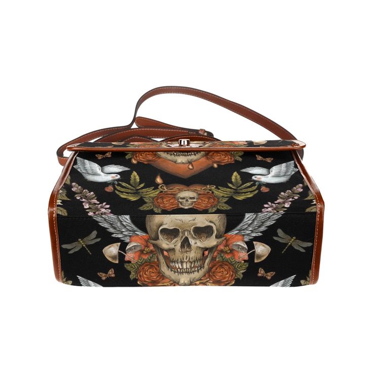 InterestPrint®All Over Print Canvas Bag(Model1641)(Brown) Type: Waterproof Canvas, 10.63"(L) x 4.13"(W) x 7.87"(H), Brown PU Strap Skull and birds Gothic canvas satchel bag 18.94 Oz. Made from high-grade waterproof canvas, durable, water-resistant. Can be used as a nice laptop iPad storage bag, business briefcase, college school bag, leisure travel tote bag, crossbody messenger bag, card wallet case, etc. Two interior pockets for small items one zipper pocket. Removable and adjustable shoulder s Vintage Travel Box Bag With Large Capacity, Vintage Large Capacity Box Bag For Travel, Brown Rectangular Canvas Bag With Top Carry Handle, Brown Rectangular Shoulder Bag With Top Carry Handle, Brown Rectangular Canvas School Bag, Black Retro Canvas Bag For Travel, Retro Black Canvas Bag For Travel, Retro Black Canvas Travel Bag, Brown Canvas Shoulder Box Bag