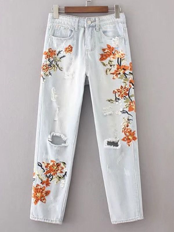 Shop Flower Embroidery Ripped Detail Jeans online. SheIn offers Flower Embroidery Ripped Detail Jeans & more to fit your fashionable needs. Flower Embroidered Jeans, Flower Clothes, Jean Diy, Jeans Embroidery, Jeans Embellished, Painted Clothes Diy, Flower Jeans, Shein Clothing, Diy Jeans