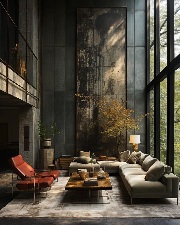 a living room filled with lots of furniture next to tall glass windows on the wall