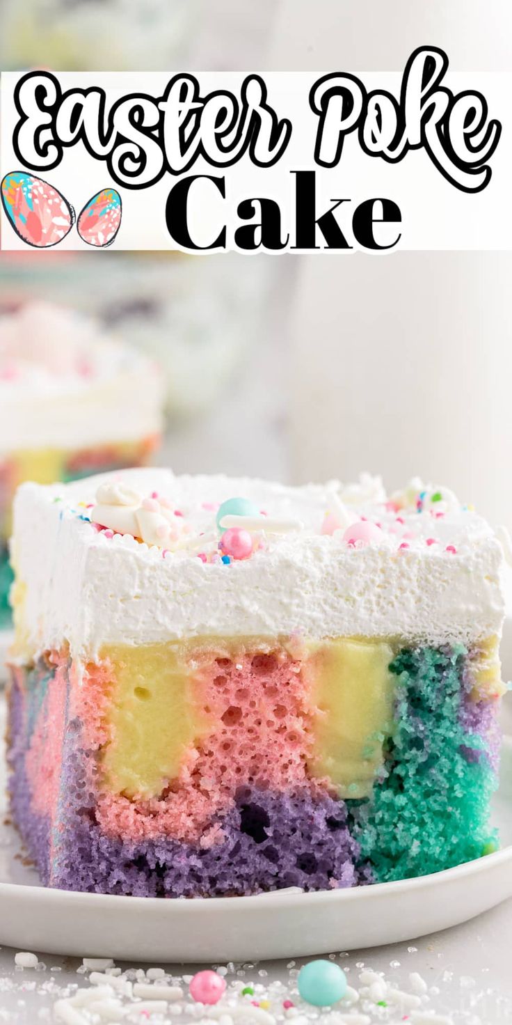 a slice of easter poke cake on a plate