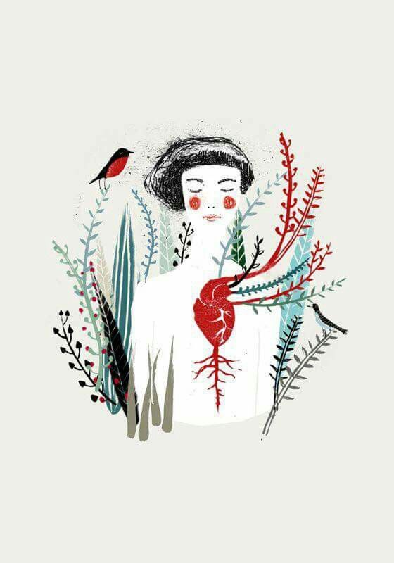 a woman surrounded by plants and birds on a white background, with the words i love you