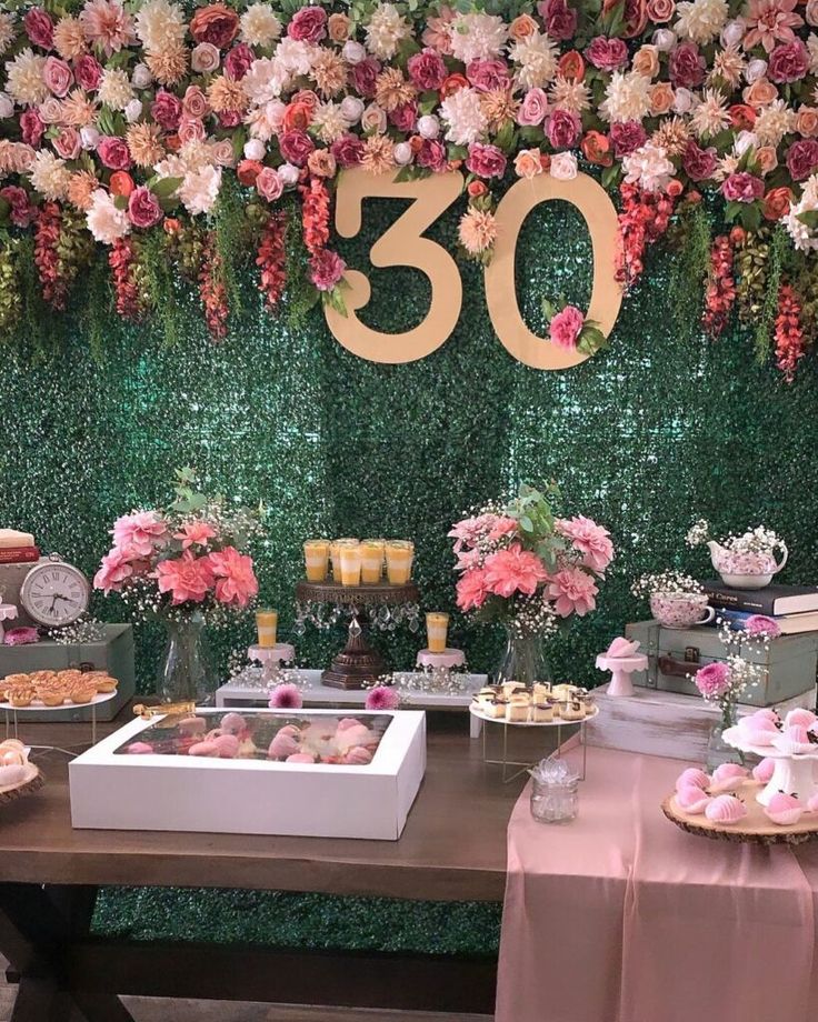 a table topped with lots of desserts and pastries next to a number sign