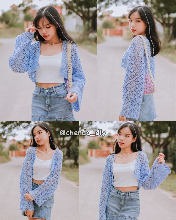 four different pictures of a woman in denim shorts and a crop top, holding a handbag