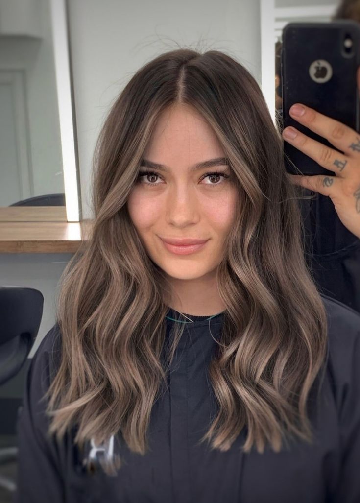 Light Brown Ashy Balayage, Ash Brown Hair Light, Brunette Before And After, Brunette Hair With Cool Tone Highlights, Medium Length Ash Brown Hair, Ghost Cut Hair, Cool Tone Balayage Brunette, Medium Contrast Hair, Shorter Brown Hair