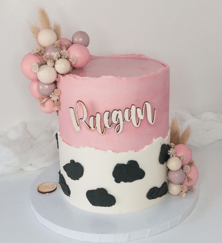 a pink and white cake with black polka dots