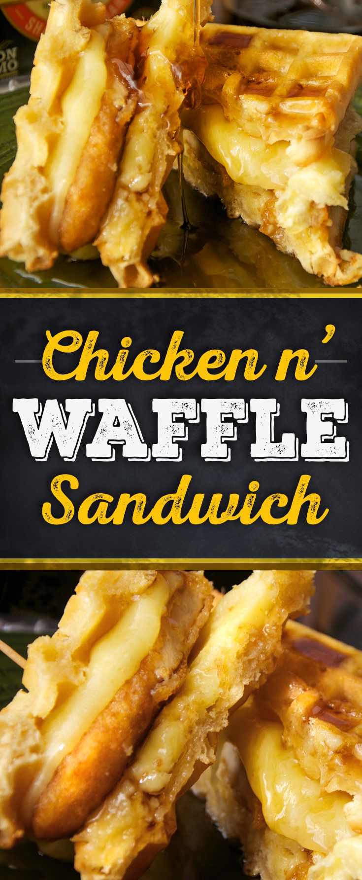 chicken and waffle sandwich on a plate with the words chicken n'waffle sandwich