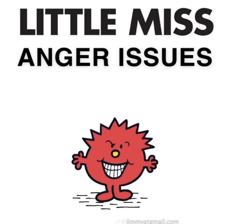 an angry red cartoon character with the words, little miss anger issues