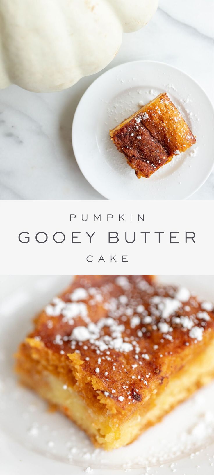 a slice of pumpkin gooey butter cake on a white plate with the words holiday pumpkin gooey butter cake