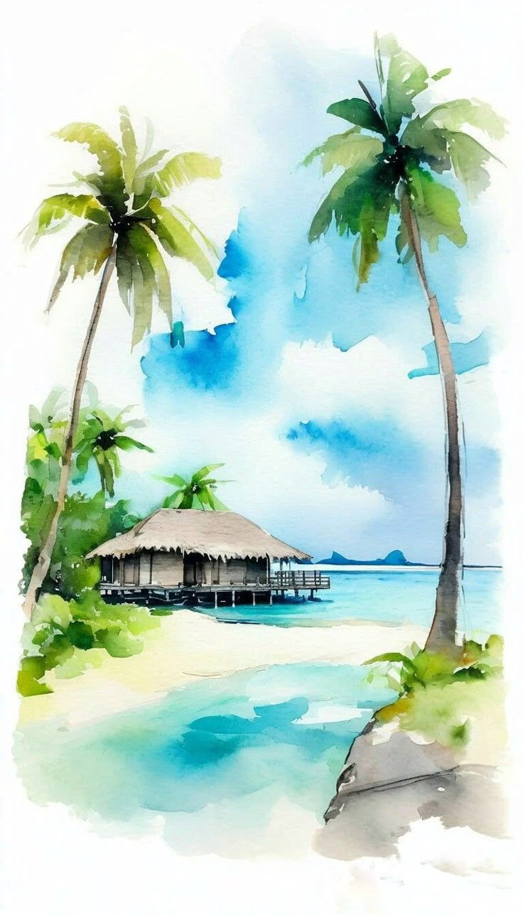 a watercolor painting of palm trees and a hut on an island in the ocean