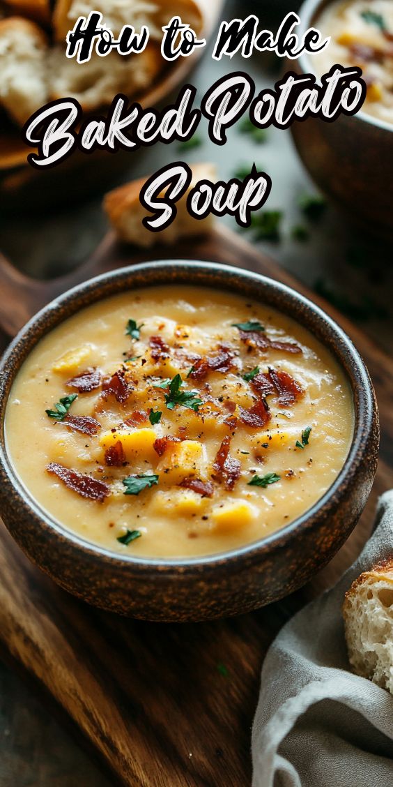 a bowl of baked potato soup on a cutting board with bread in the background and text overlay that reads how to make baked potato soup