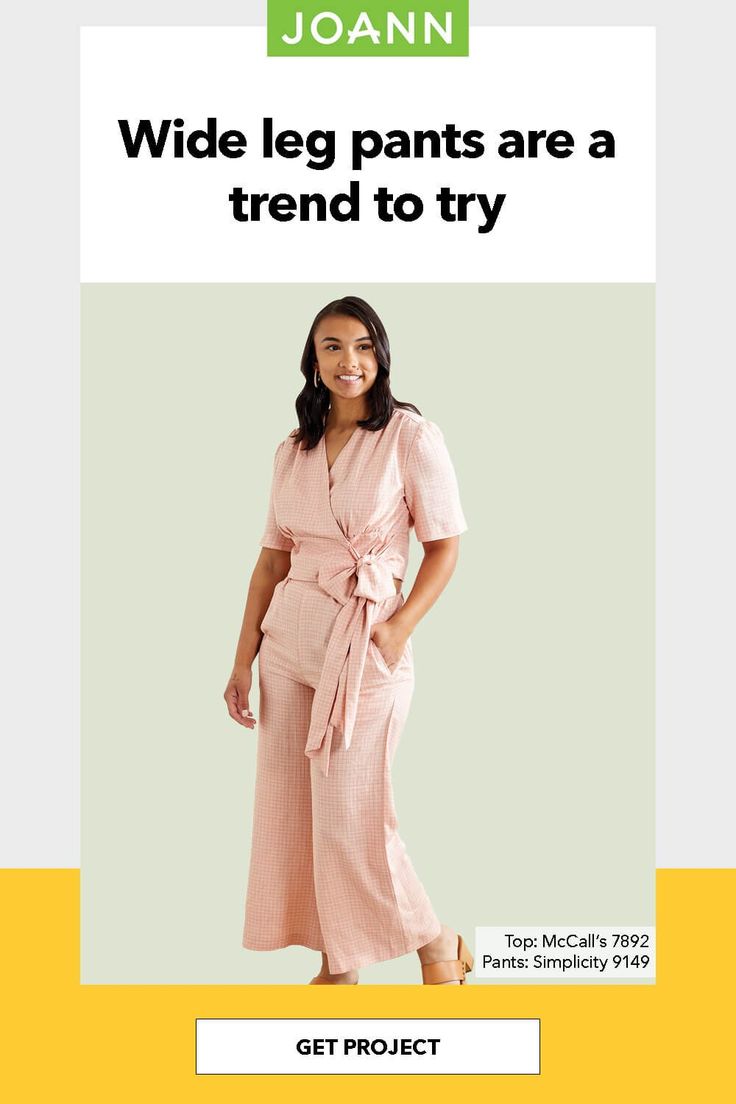 a woman in pink jumpsuits with the words wide leg pants are a trend to try