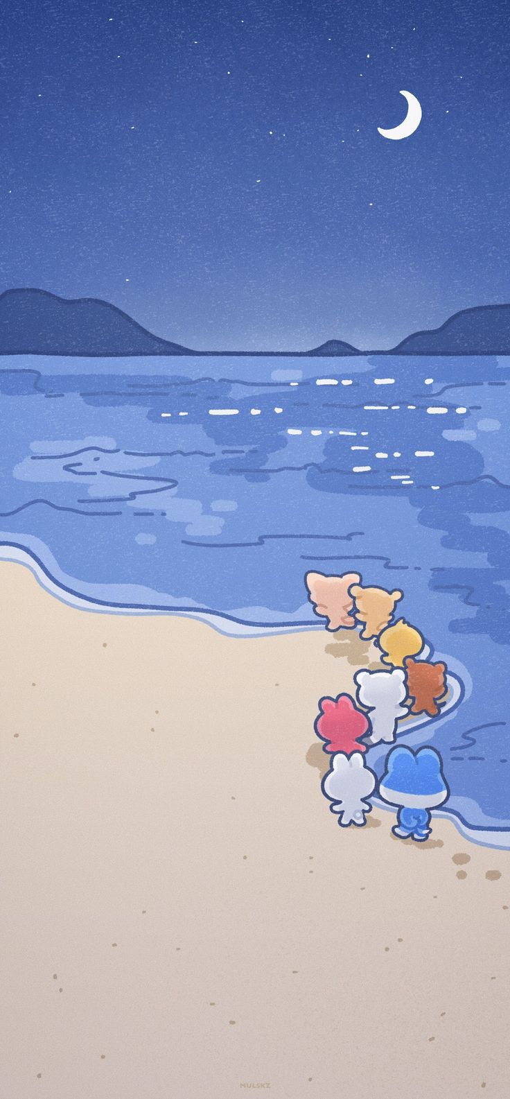 three cartoon characters are standing on the beach at night, looking out over the water