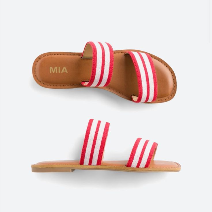 Never Worn. Bright Red And White Stripes. Red Flip Flops For Spring Vacation, Red Slides For Spring Vacation, Red Open Toe Flip Flops For Spring, Red Synthetic Slides For Summer, Red Slides For Beach In Summer, Red Beach Slides For Summer, Red Slides For Beach And Summer, Red Summer Beach Slides, Red Slides For Summer Vacation