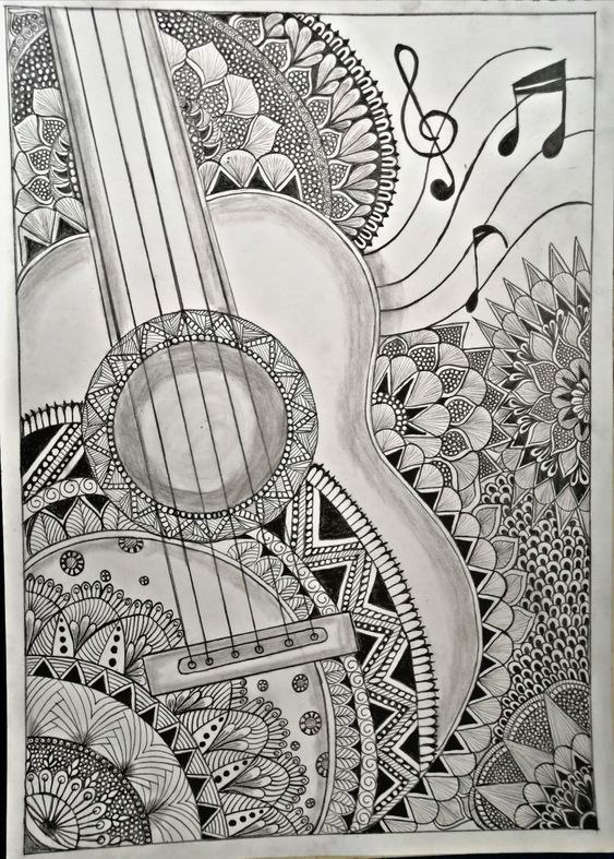 guitar art Mandala Art Of Guitar, Guitar Mandala Art Drawing, Guitar Zentangle Art, Mandala Art On Guitar, Cool Guitar Drawings, Guitar Mandala Drawing, Mandala Art Music, Sketches Of Music, Guitar Doodle Art