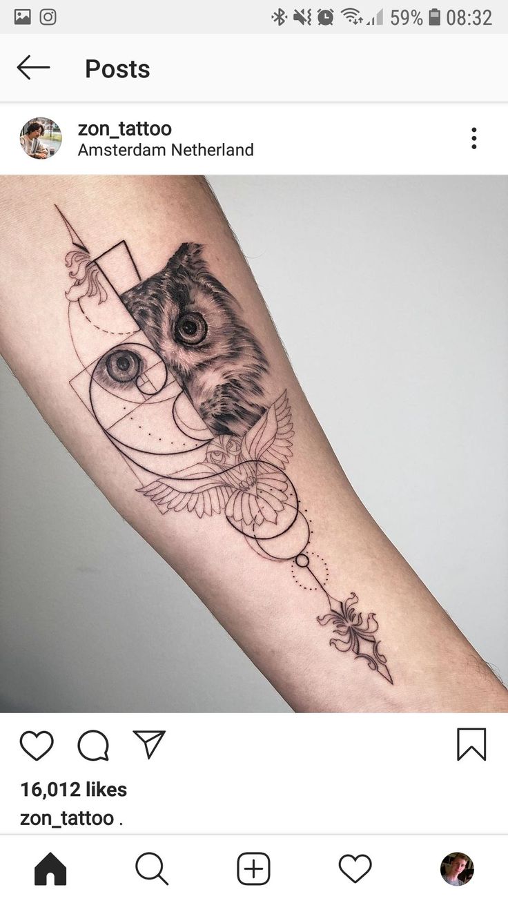 an owl tattoo on the left arm with stars and circles around it's eyes