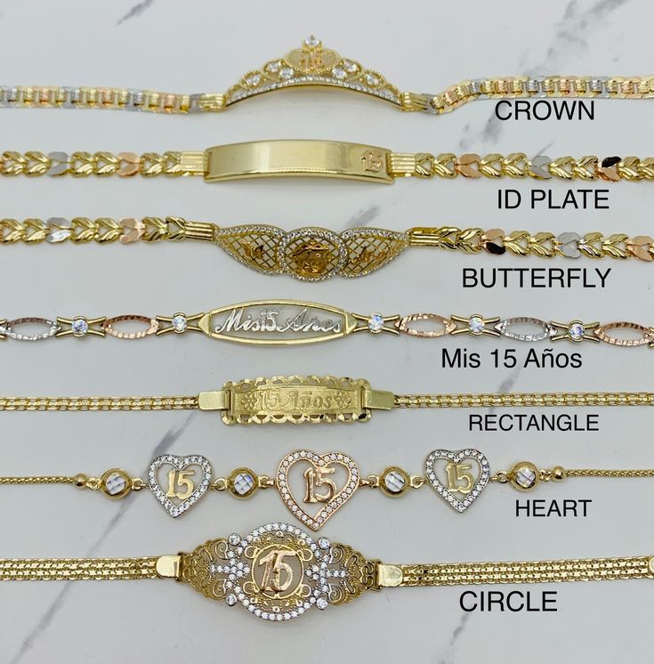 ❤️❤️❤️ Rectangle plate 15 Años ❤️❤️❤️ ❤️ Real 14k Gold Bracelet Sweet 15 - Mis 15 Años with hearts  ❤️ 7" long bracelet and 2.5mm wide  ❤️ Yellow gold ❤️ Fine jewelry ❤️ Pulsera en oro de 14 Kilates De quinceañera  ❤️ 7 pulgadas de largo y 2.5 milímetros de ancho  ❤️ Brasalete en oro sólido de 14k - oro dorado   ❤️ Guillo de 15 años  Delivery signature required SKU 052733 ❤️ ❤️ ❤️ BUTTERFLY ❤️ ❤️ ❤️  ❤️ Real 14k Gold Bracelet Sweet 15 - Mis 15 Años with butterfly ❤️ 7" long bracelet and 5.5mm wi Quinceanera Bracelet Gold, Xv Necklaces, Gold Hispanic Jewelry, Quince Bracelets Gold, 15 Bracelet Quinceanera, Quince Jewelry Set Gold, Gold Mexican Jewelry, Quince Bracelets, Mexican Gold Jewelry