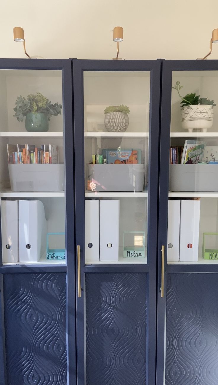 a blue bookcase with books and other items in it's glass front doors