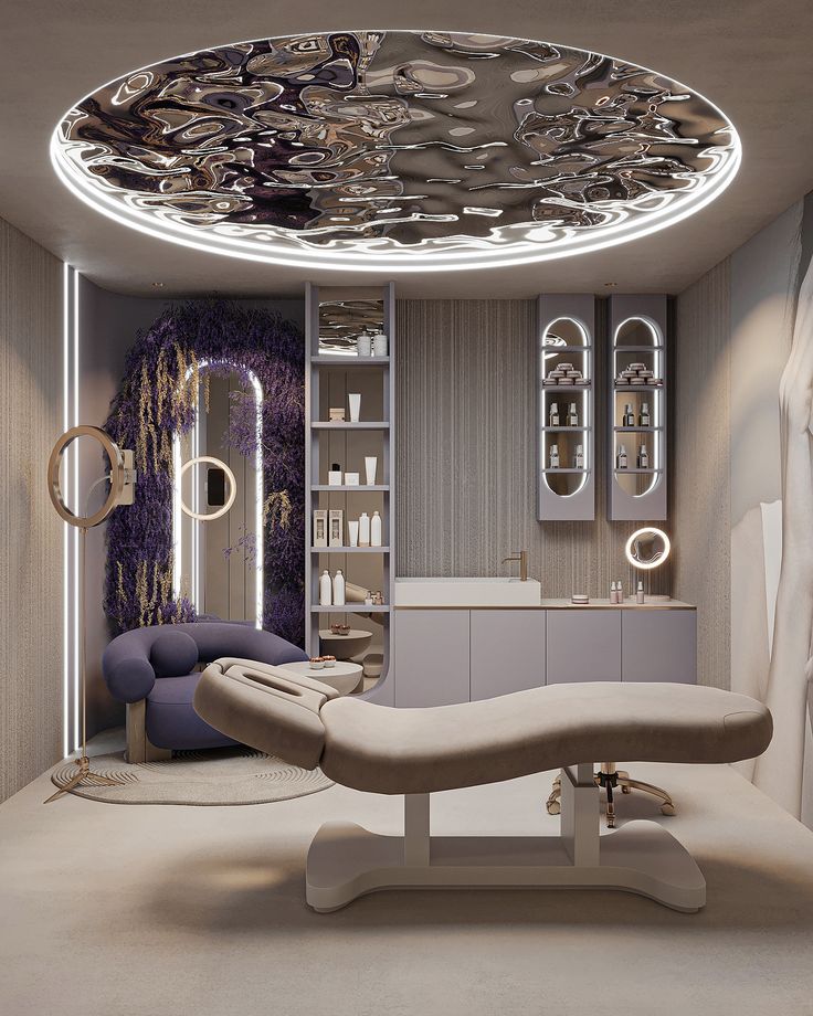 a spa room with a large circular mirror on the wall and a chair in front of it