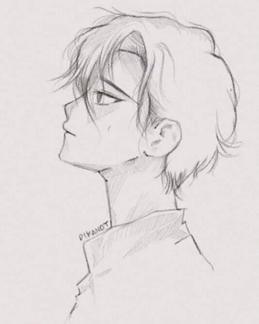 a drawing of a boy with short hair and piercings on his ears looking to the side