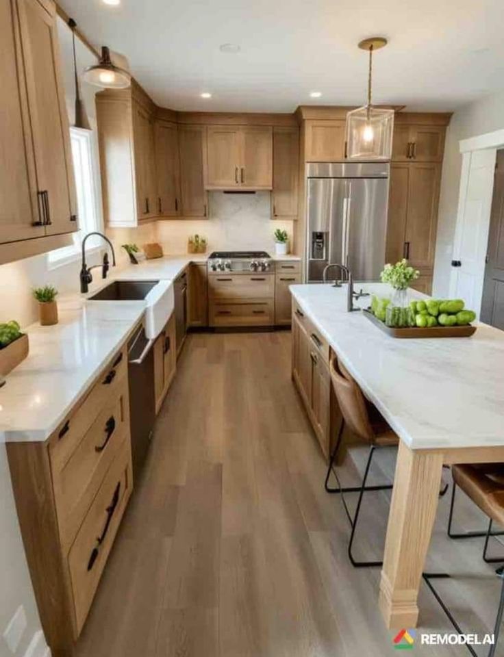 a large kitchen with wooden cabinets and white counter tops, along with an island in the middle