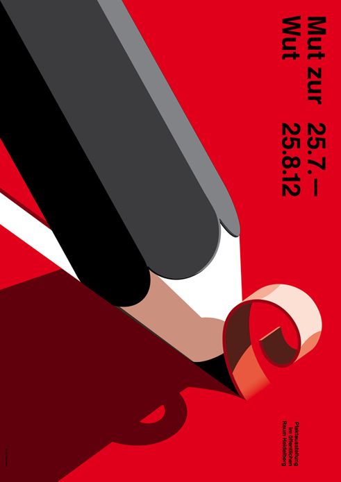 a red poster with a black and white pen on it's tip next to a roll of tape