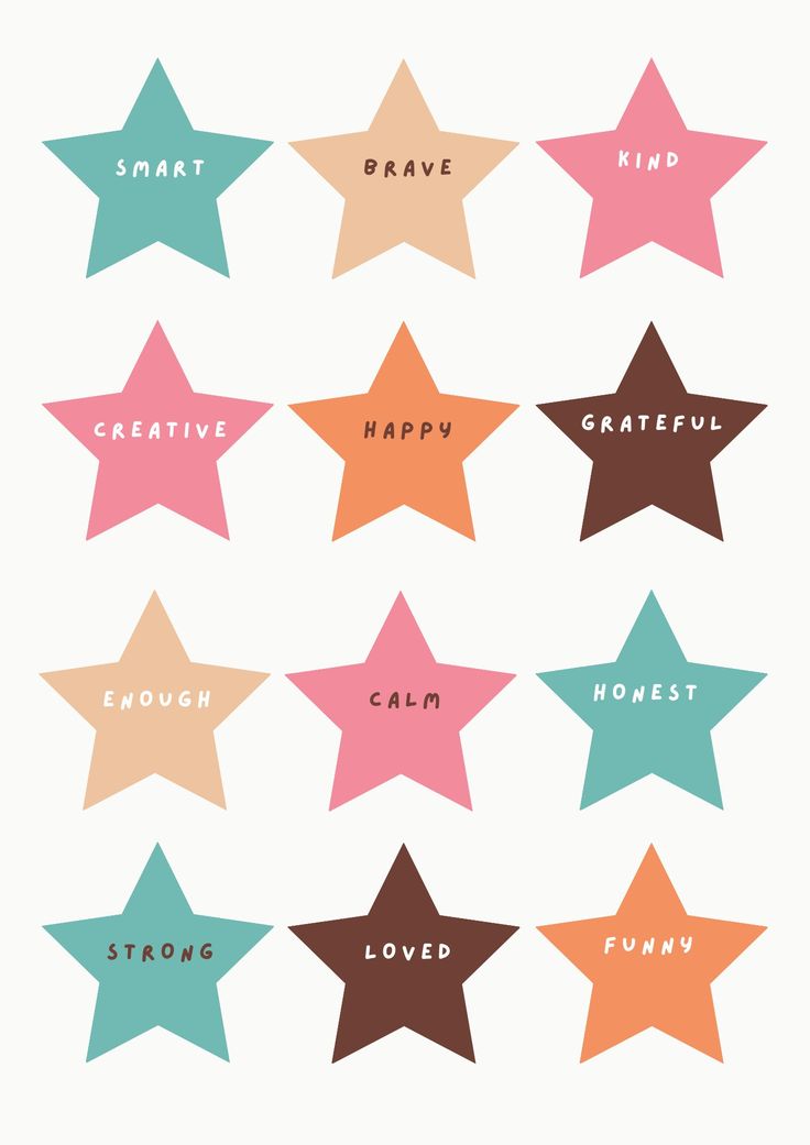 six stars with the words happy and some sayings on them in different colors, including pink