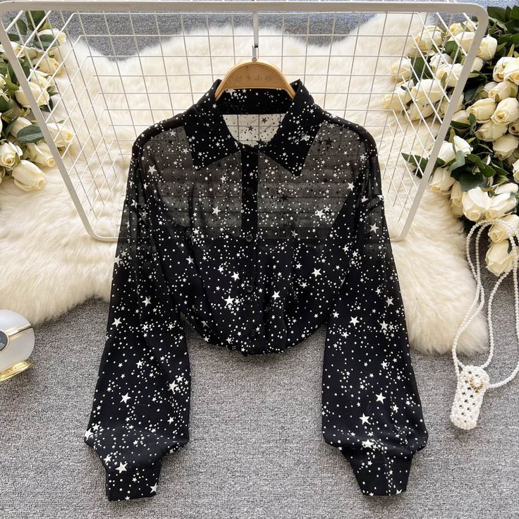 Sheer Starry Button Up Shirt (2 Colors) Chiffon Button Up Shirt, Celestial Button Up, Astronomy Outfit Aesthetic, Button Ups Aesthetic, Space Goth Aesthetic, Celestial Core Outfits, Sheer Button Up, Celestial Outfit Ideas, Space Themed Fashion