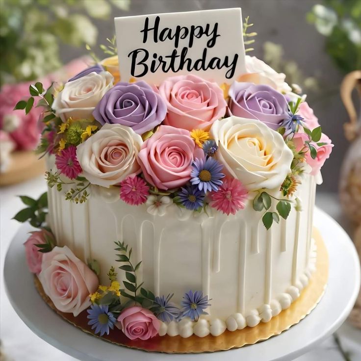 a birthday cake decorated with flowers and a sign