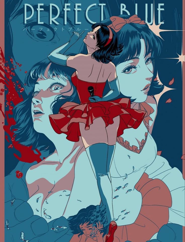 the poster for perfect blue shows two women in red dresses