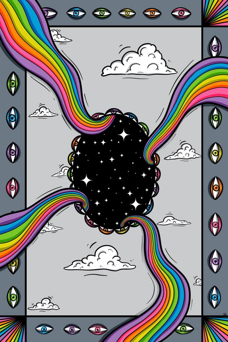 an image of a painting with rainbows and clouds in the sky on a gray background