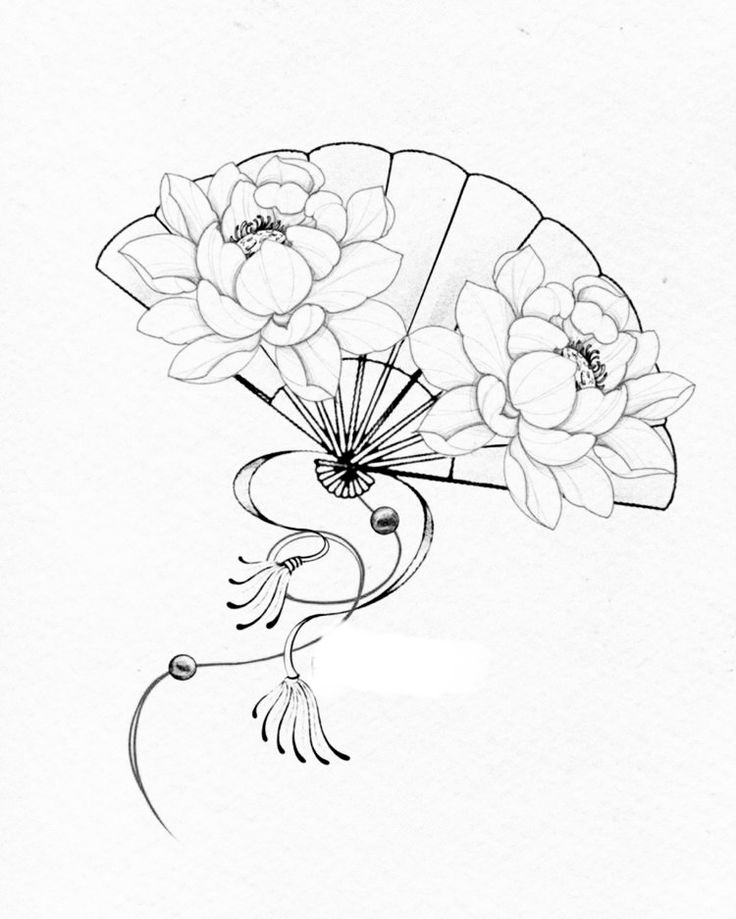 a black and white drawing of a bird holding flowers in its beak with a fan on it's head