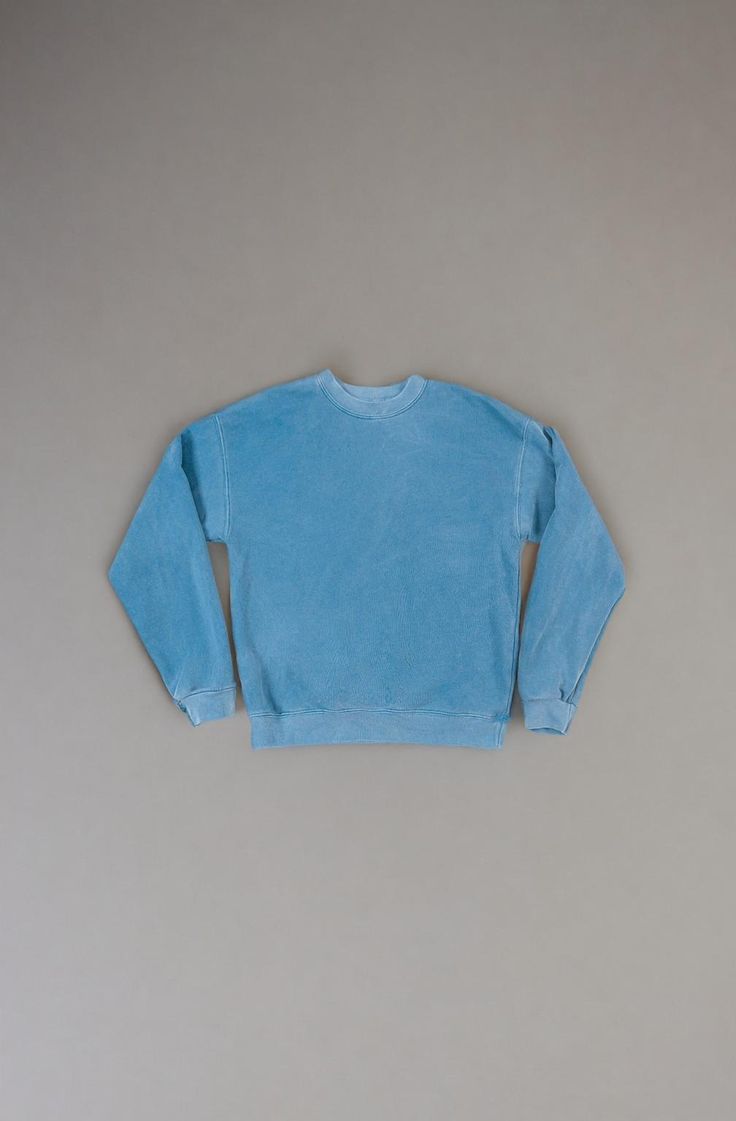 Our classic crew neck sweatshirt in sun washed colors. It's great for everyday pre and post surfing. It is inspired by my own vintage crew neck and can be worn by both men and women. True to size for men and slightly oversize fit for women. 100% Cotton Made in Los Angeles *This garment goes through a unique, pigment dye wash process to mimic a vintage look. Please expect minor variations in color and saturation. These imperfections are intended to make each piece special. Crew Neck Soft-washed Sweater For Streetwear, Soft-washed Crew Neck Sweater For Streetwear, Soft-washed Crew Sweater For Streetwear, Oversized Blue Washed Sweatshirt, Hand Dyed Cotton Sweatshirt With Relaxed Fit, Sporty Washed Blue Sweatshirt With Relaxed Fit, Sporty Acid Wash Soft-washed Sweatshirt, Faded Sporty Long Sleeve Sweatshirt, Blue Washed Crew Sweatshirt