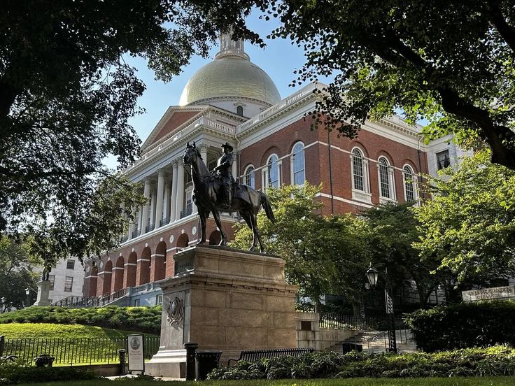 a statue of a man riding a horse in front of a building with a dome