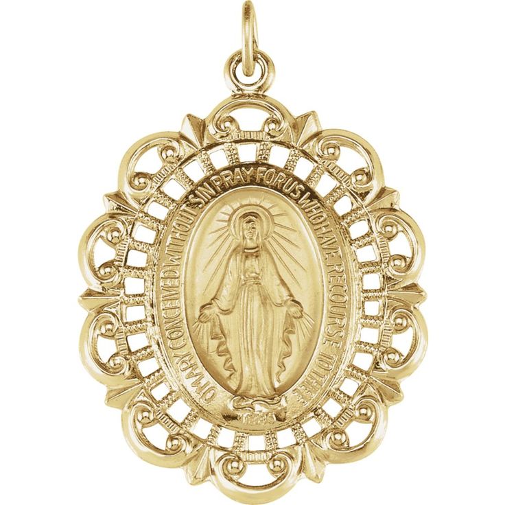 14k Yellow Gold Oval Filigree Miraculous Medal Pendant Spiritual Miraculous Medal Pendant Jewelry, Memorial Miraculous Medal Pendant Jewelry, Miraculous Medal Pendant For Memorial, Spiritual Filigree Medallion Jewelry, Spiritual Miraculous Medal Oval Pendant Jewelry, Anniversary Miraculous Medal Round Pendant Jewelry, Symbolic Miraculous Medal Pendant Jewelry, Spiritual Oval Pendant Jewelry With Miraculous Medal, Spiritual Jewelry With Miraculous Medal As Gift