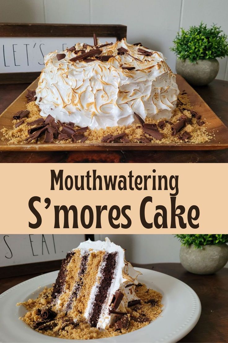 spit photo one with full smores cake and one with a slice of smores cake Smores Cake Recipe, Homemade Smores, Chocolate Cake Layers, Marshmallow Topping, Smores Cake, Cake Layers, Rich Chocolate Cake, Sweet Snacks Recipes, Toasted Marshmallow