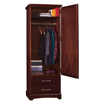 an armoire with clothes hanging on the door and shelves above it, in front of a white background