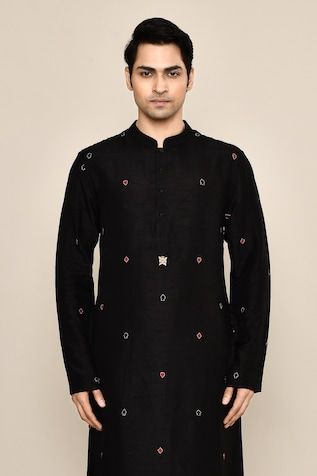 Black kurta featuring poker motif hand embroidery in the front and sleeves. Paired with a solid black salwar. - Aza Fashions Festive Cotton Kurta With Embroidered Cuffs, Traditional Festive Kurta With Embroidery, Designer Embroidered Black Kurta, Designer Black Embroidered Kurta, Traditional Long Sleeve Wear With Embroidery, Traditional Straight Kurta Top With Embroidery, Festive Fitted Kurta With Embroidered Cuffs, Black Straight Kurta With Motifs, Black Tops With Chikankari Embroidery For Festive Occasion