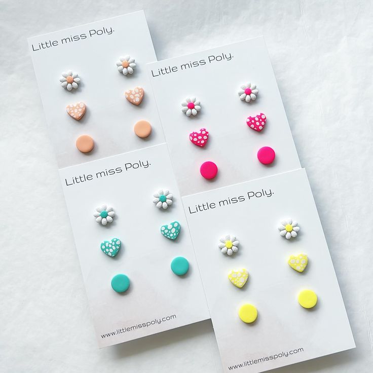 four little miss polka earrings are shown in three different colors