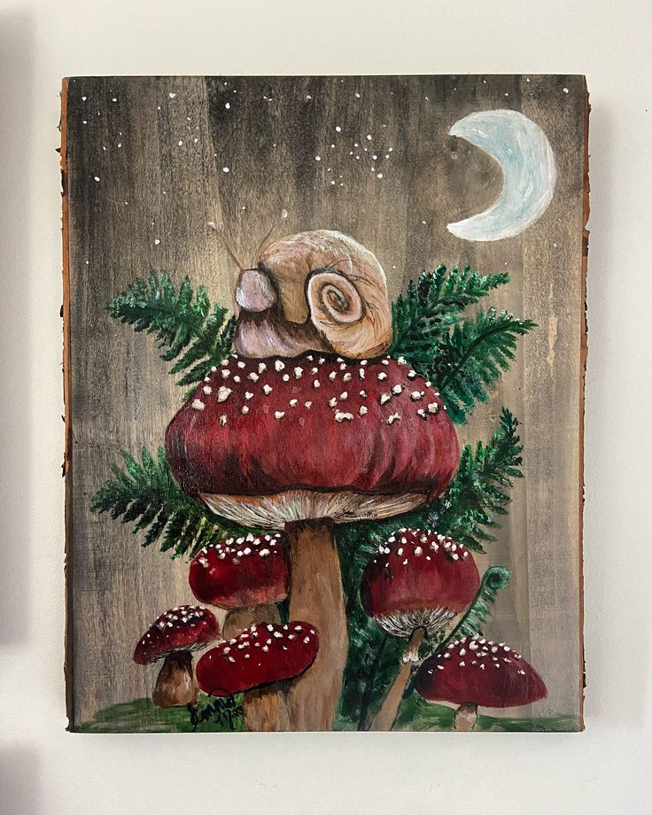 an acrylic painting of mushrooms and ferns on a wood panel with a half moon in the background