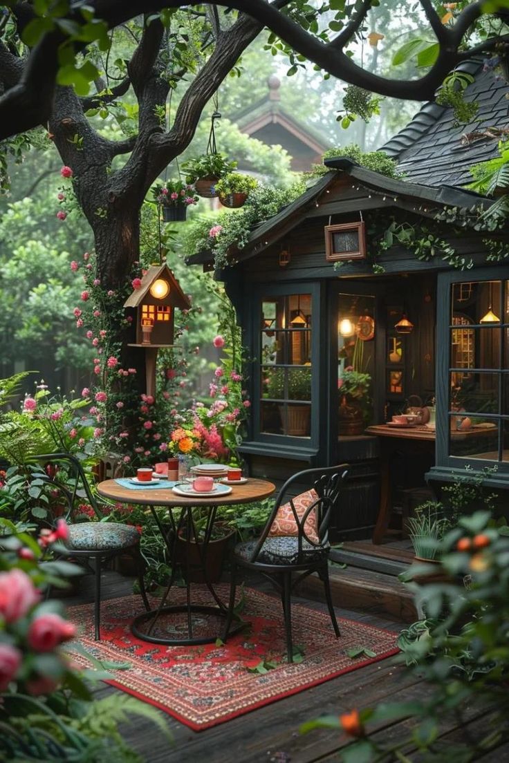 an outdoor dining area with table and chairs