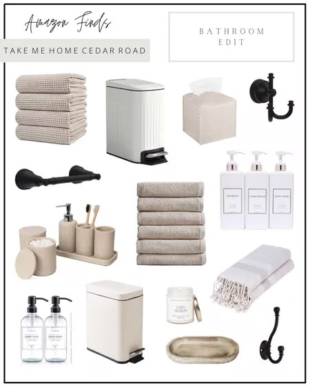 bathroom accessories including towels, soaps and other items