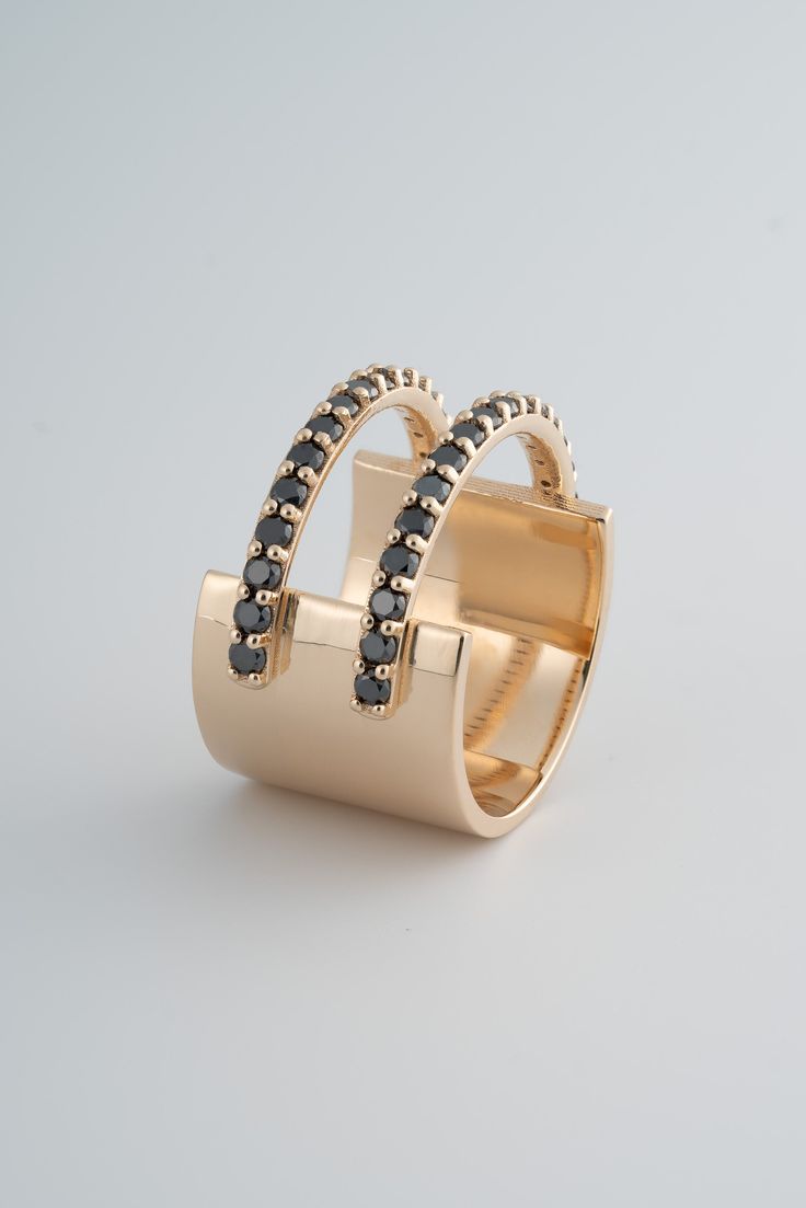 The Double Anni Ring is based on one of our first best selling STVDIO styles, the Anni Ring which debuted in 2014. Our Fine Version is an ode to the original, featuring a thick 14k Gold Band backing that is accompanied by two thin black diamond pave bands that run along the top of the ring. Wear as a statement on its own, or stacked with another thin ring for an even bolder look. This piece is a made to order item, created just for you, making it final sale . Please allow 6-8 weeks for delivery. Dope Jewelry Accessories, Pave Diamond Band, Pave Band, Right Hand Rings, Dope Jewelry, Jewelry Inspo, Dream Jewelry, Gold Jewelry Fashion, Ear Jewelry