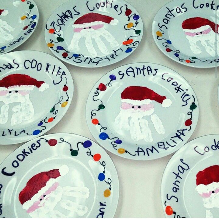 six christmas plates with santa's hats on them and words written on the plates